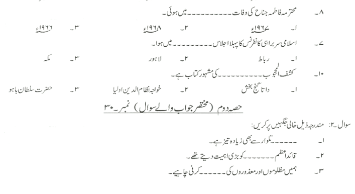 Urdu paper entry test 8th